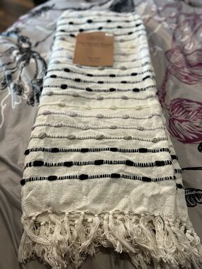 Textured Fringe Throw Blanket with Black Stripe Detail